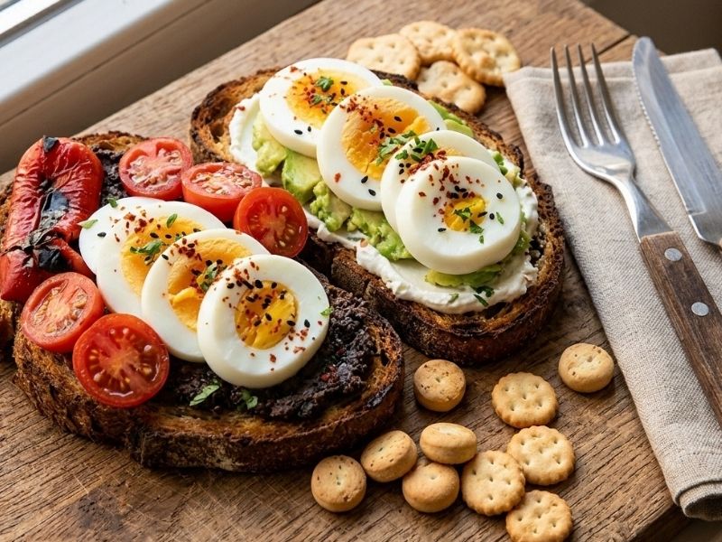 Kızarmış Ekşimaya Ekmek Dilimleri Ve Közlenmiş Biberli Yumurtalar