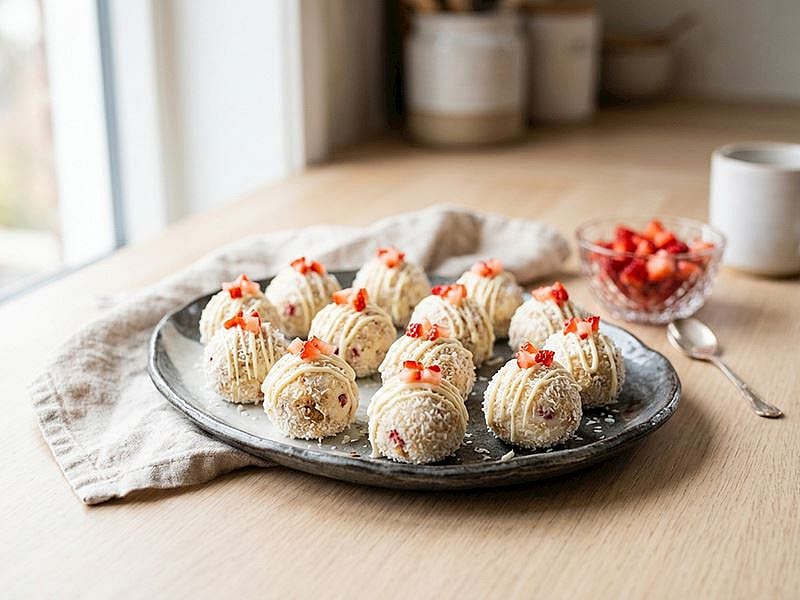 PİŞMEYEN ÇİLEKLİ CHEESECAKE TOPLARI TARİFİ