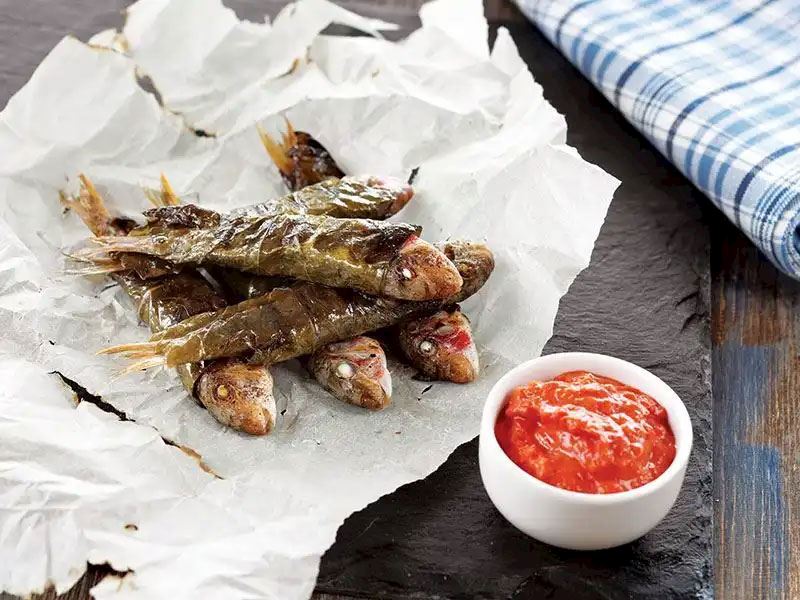 Red Mullets Wrapped in Vine Leaves